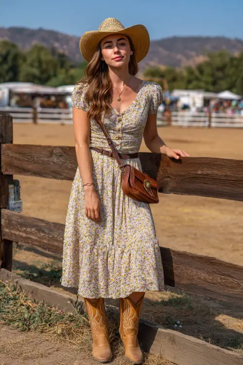 A woman in a smocked floral midi dress with short sleeves and classic tan cowboy boots, accessorized with a straw hat and a small leather bag 