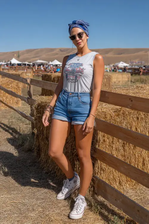 A woman in denim shorts, a tucked-in sleeveless graphic tee, and white Converse sneakers, accessorized with a bandana headband and sunglasses 