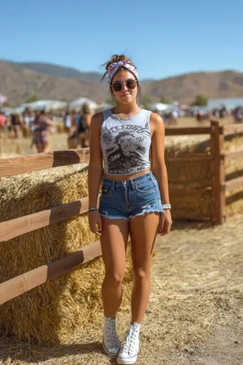 A woman in denim shorts, a tucked-in sleeveless graphic tee, and white Converse sneakers, accessorized with a bandana headband and sunglasses