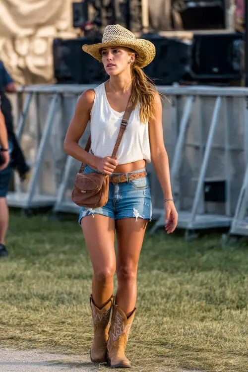 A woman in distressed cutoff shorts, a tucked-in sleeveless band tee, and tan western boots, accessorized with a straw cowboy hat and leather crossbody bag 