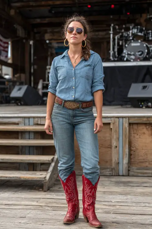 A woman in high-rise jeans with a tucked-in chambray shirt and red cowboy boots, accessorized with a belt and hoop earrings 