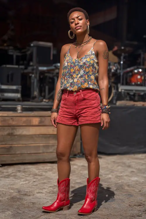 A woman in high-rise mom shorts, a tucked-in floral tank top, and bright red cowgirl boots, accessorized with hoop earrings and layered bracelets 