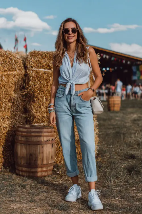 A woman in light-wash jeans with a sleeveless tie-front blouse and white sneakers, accessorized with sunglasses and a small crossbody bag 