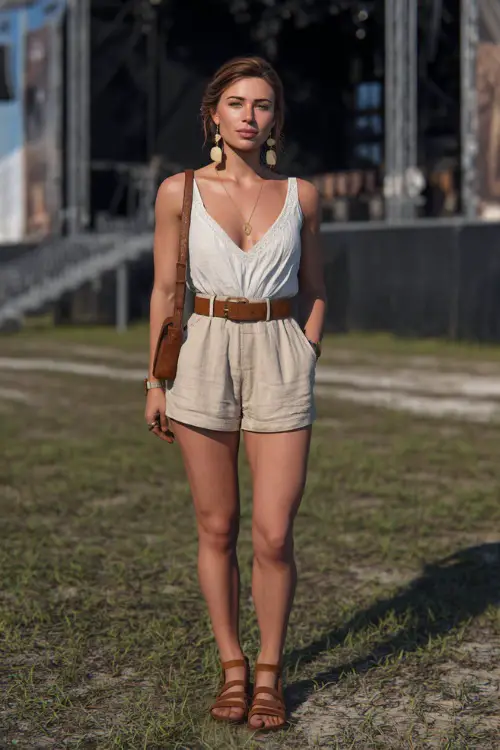 A woman in linen paperbag shorts, a sleeveless cotton blouse, and brown leather sandals, accessorized with gold earrings and a crossbody bag 