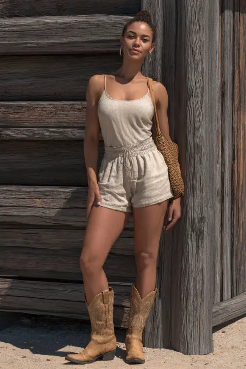 A woman in linen shorts, a tucked-in sleeveless top, and tan cowboy boots, accessorized with simple hoop earrings and a straw crossbody bag 
