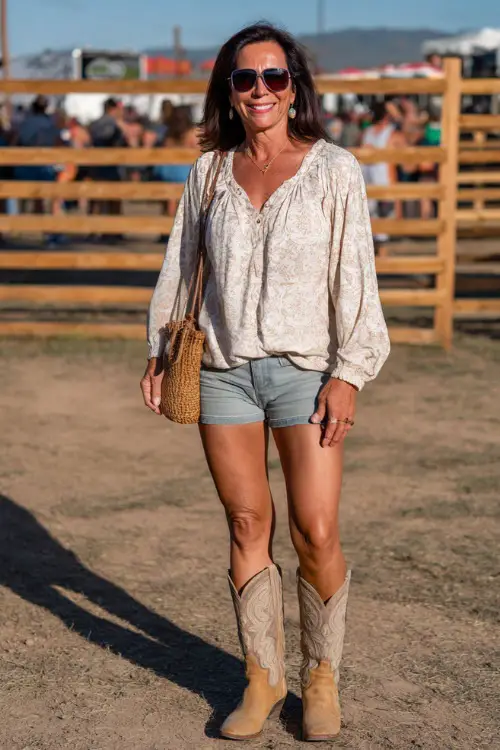 A woman over 40 dressed in high-rise denim shorts, a tucked-in peasant blouse with lace details, and tan cowgirl boots 
