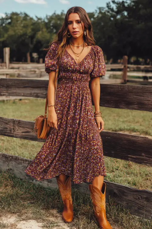 A woman over 40 in a boho-inspired smocked midi dress with puff sleeves and tan western boots, accessorized with gold jewelry and a small crossbody bag 