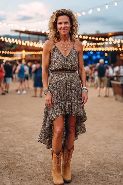A woman over 40 in a ruffled high-low dress, classic tan cowboy boots, and subtle jewelry, standing casually at a summer concert venue with string lights and a relaxed atmosphere 