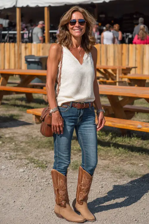 A woman over 40 in straight-leg denim jeans, a tucked-in eyelet sleeveless blouse, and tan western boots