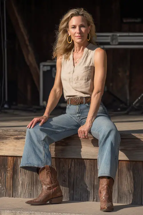 A woman over 40 in straight-leg denim jeans, a tucked-in sleeveless blouse, and brown western boots, accessorized with gold hoop earrings and a belt 