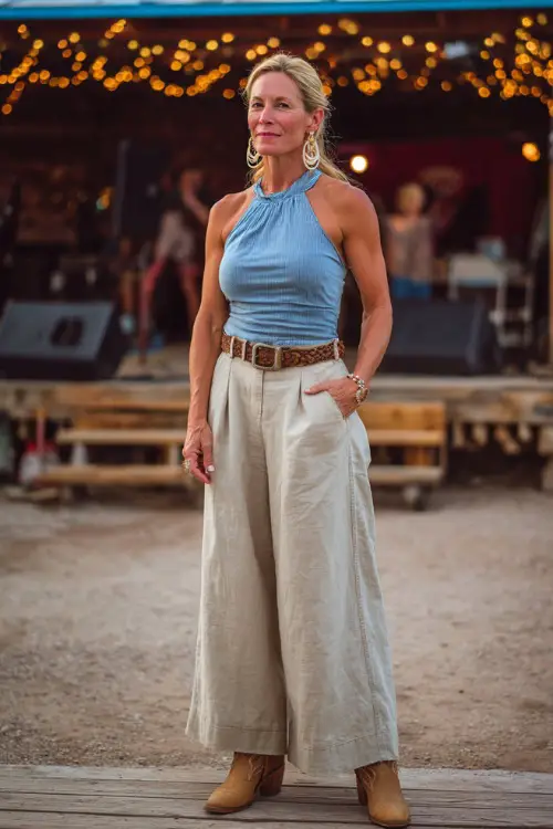 A woman over 40 in wide-leg linen pants, a sleeveless tucked-in blouse, and tan cowboy boots, accessorized with a belt and delicate earrings 