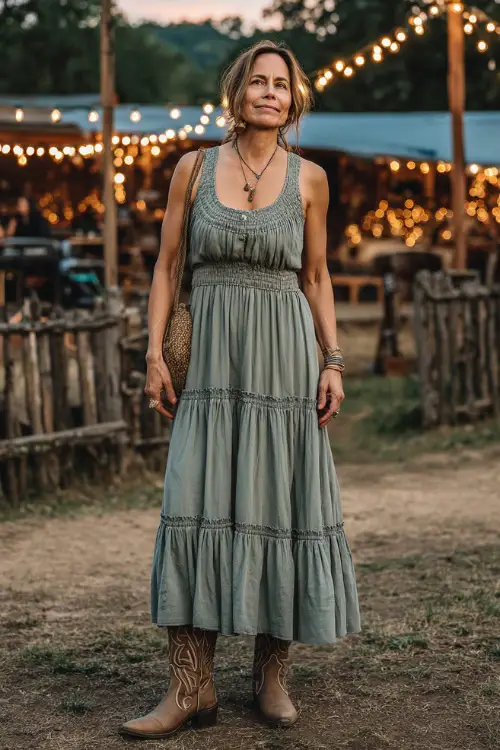 A woman over 40 wearing a sleeveless tiered maxi dress in soft sage green, paired with classic cowboy boots and a straw crossbody purse 