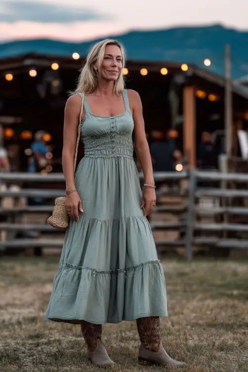 A woman over 40 wearing a sleeveless tiered maxi dress in soft sage green, paired with classic cowboy boots and a straw crossbody purse 