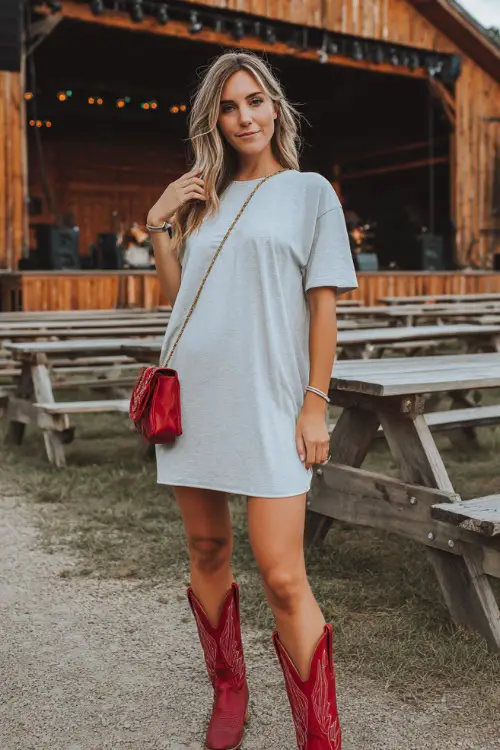 A woman wearing a casual T-shirt dress in light grey, paired with red western boots and a small crossbody bag, posing near a wooden concert stage with picnic tables in the background