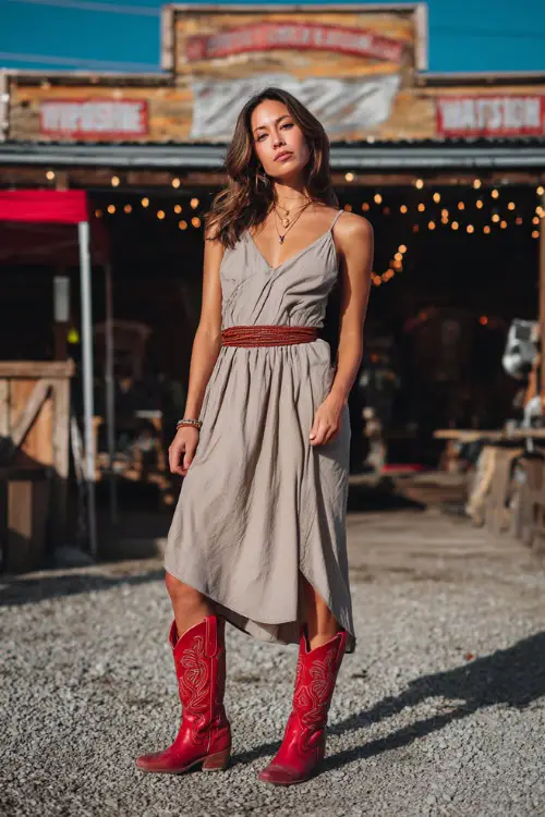 A woman wearing a flowy sleeveless midi dress in neutral tones, paired with bright red cowgirl boots and subtle gold jewelry 