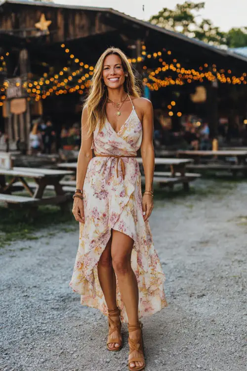 A woman wearing a high-low floral dress with tan leather sandals and subtle gold jewelry, standing near a rustic concert venue with string lights and picnic tables