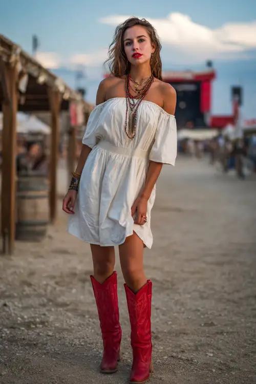A woman wearing a peasant-style off-shoulder dress in white, styled with striking red western boots and layered necklaces 