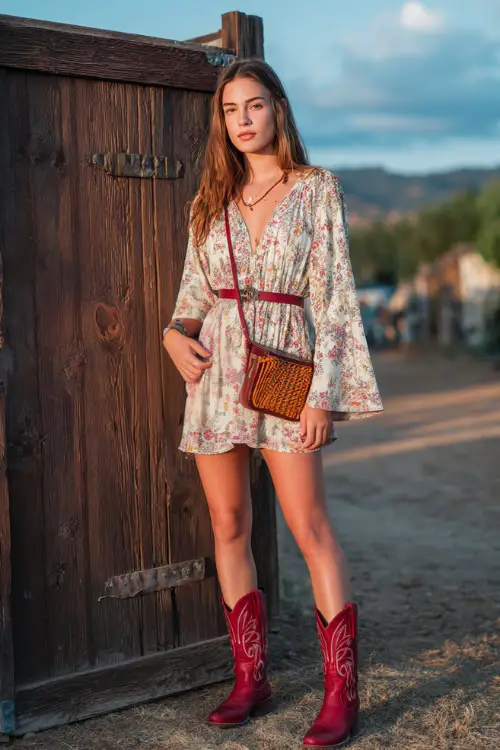 A woman wearing a short boho-style dress with bell sleeves, paired with red western boots and a woven crossbody bag 