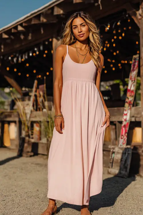 A woman wearing a sleeveless maxi dress in soft pink, paired with tan strappy sandals and simple layered necklaces 
