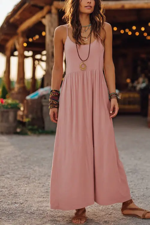 A woman wearing a sleeveless maxi dress in soft pink, paired with tan strappy sandals and simple layered necklaces, standing near a rustic concert space with string lights and wooden décor