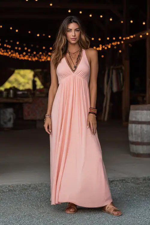 A woman wearing a sleeveless maxi dress in soft pink, paired with tan strappy sandals and simple layered necklaces