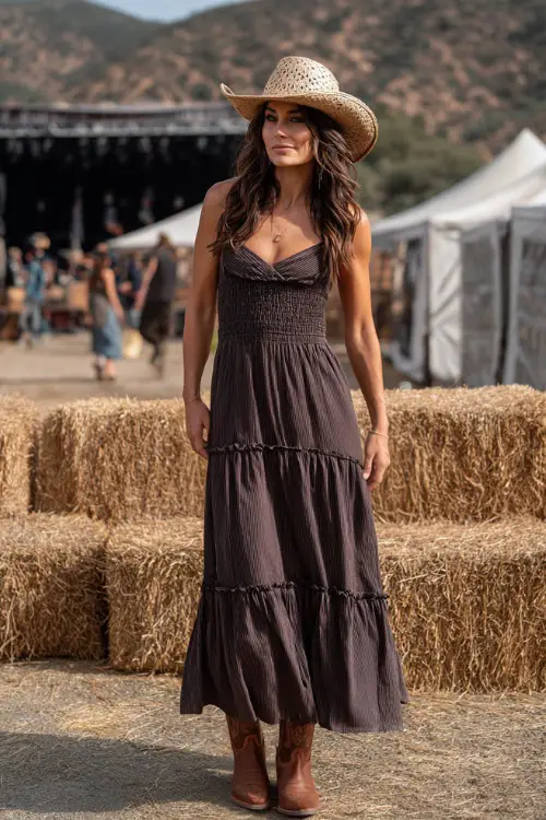 A woman wearing a sleeveless maxi dress with tiered layers, styled with classic brown cowboy boots and a wide-brim straw hat