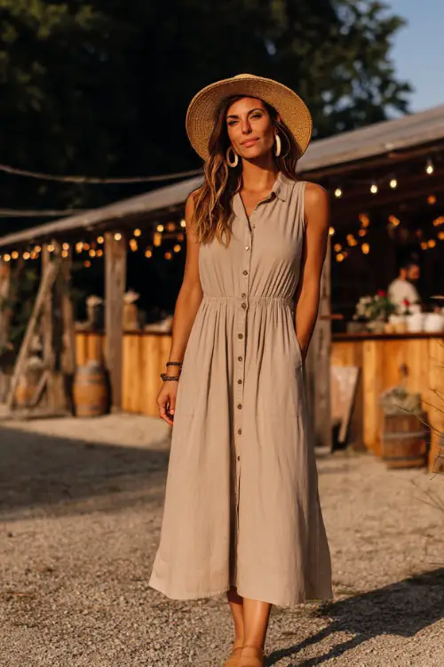A woman wearing a sleeveless midi dress in neutral tones with tan sandals, accessorized with a straw hat and simple earrings 