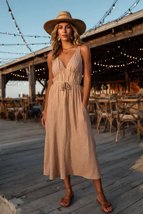 A woman wearing a sleeveless midi dress in neutral tones with tan sandals, accessorized with a straw hat and simple earrings