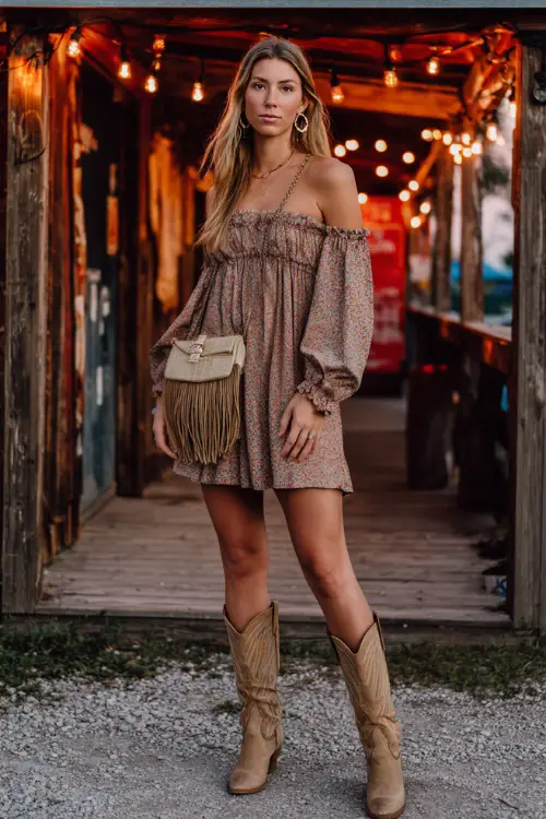 A woman wearing a smocked off-shoulder boho dress with puff sleeves and tan cowgirl boots, accessorized with hoop earrings and a fringe purse 