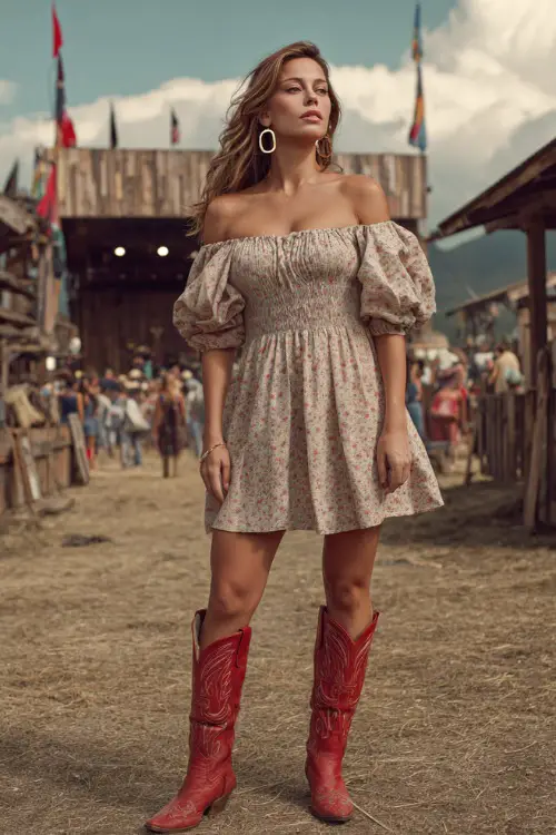 A woman wearing a smocked off-shoulder floral dress in soft tones, styled with red western boots and hoop earrings