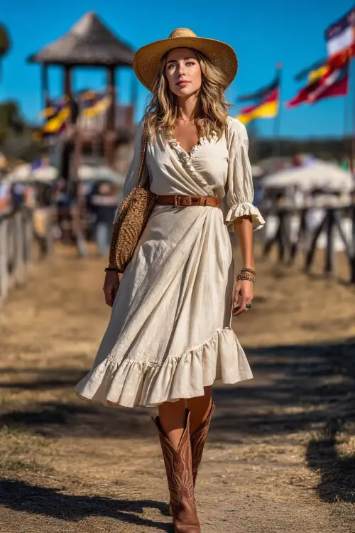 A woman wearing a smocked peasant-style midi dress with ruffle sleeves and brown cowboy boots, accessorized with a wide-brim straw hat and woven crossbody bag 