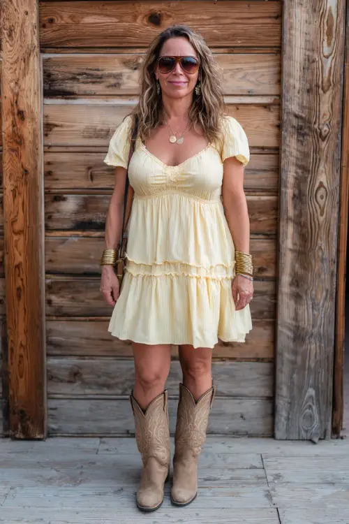 A woman wearing a tiered smocked sundress in soft yellow with tan western boots, accessorized with oversized sunglasses and gold bangles 
