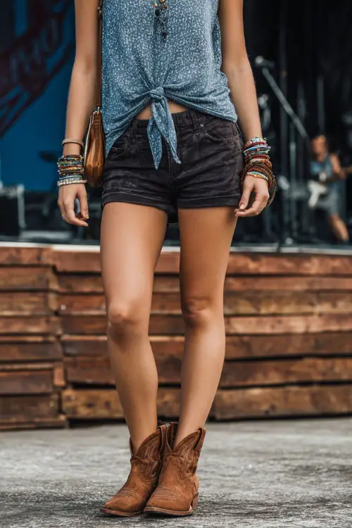 A woman wearing black denim shorts, a tied-up chambray shirt, and brown ankle cowboy boots, accessorized with layered bracelets and a small crossbody purse