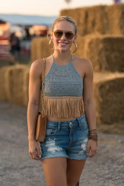 A woman wearing distressed denim shorts, a crochet halter top, and tan western boots, accessorized with a fringe bag and large hoop earrings 