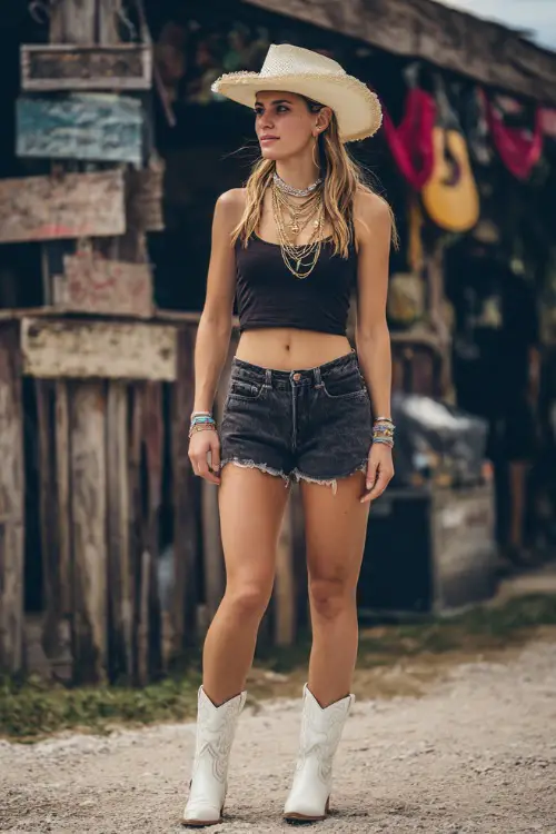 A woman wearing frayed black denim shorts, a sleeveless crop top, and white western boots, accessorized with a straw hat and gold layered necklaces 