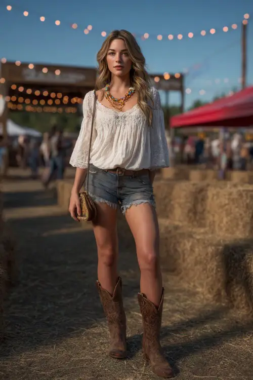 A woman wearing frayed denim shorts, a lightweight peasant blouse with lace details, and classic brown cowboy boots