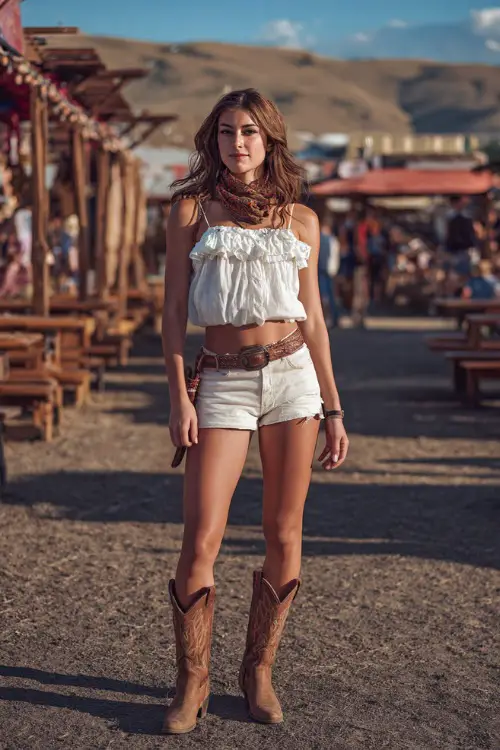 A woman wearing white high-rise denim shorts, a ruffled sleeveless blouse, and brown western boots, accessorized with a leather belt and a fringe bag