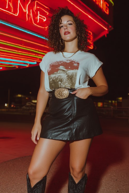 Curvy edgy western outfit with leather mini skirt, graphic tee, and boots, neon-lit concert scene