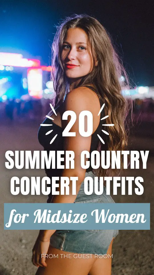 a midsize woman wears a summer country concert outfit with a black tank top, cutoff shorts, and messy waves
