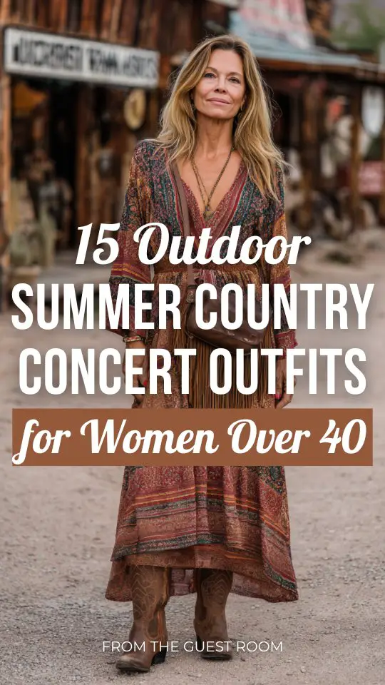 a woman over 40 wears a brown boho dress and brown cowboy boots for outdoor summer country concert