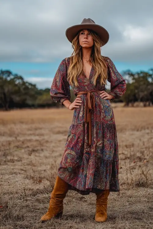 A curvy woman in a boho paisley maxi dress with a leather jacket, suede boots, and a wide-brim hat at a fall country music festival 