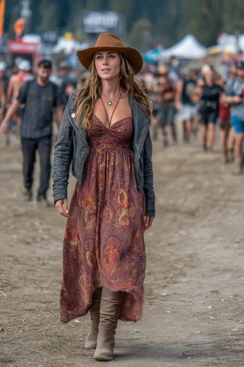 A curvy woman in a boho paisley maxi dress with a leather jacket, suede boots, and a wide-brim hat at a fall country music festival 