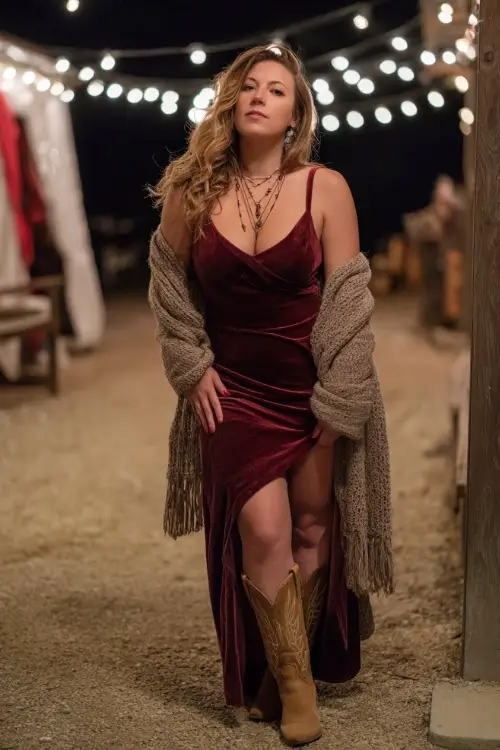 A curvy woman in a velvet burgundy maxi dress styled with a long knit shawl, suede cowboy boots, and layered necklaces under string lights at a country concert 