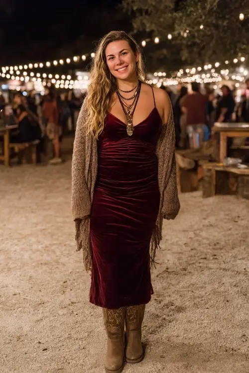A curvy woman in a velvet burgundy maxi dress styled with a long knit shawl, suede cowboy boots, and layered necklaces under string lights at a country concert