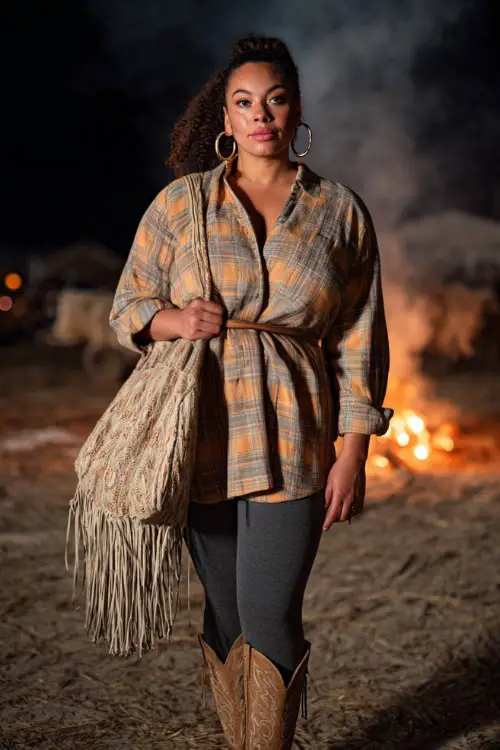 A curvy woman wears a belted plaid shacket over leggings, styled with cowboy boots and hoop earrings, holding a fringed bag at a fall concert bonfire setting 