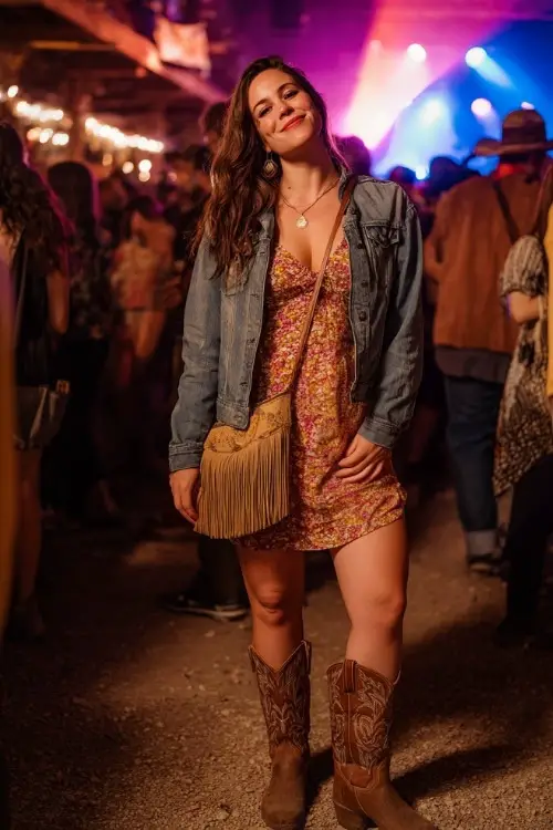 A curvy woman wears a denim jacket over a floral midi dress, paired with western boots and a crossbody fringe bag, standing in a lively crowd with neon concert lights 