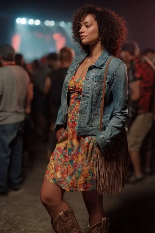 A curvy woman wears a denim jacket over a floral midi dress, paired with western boots and a crossbody fringe bag, standing in a lively crowd with neon concert lights 