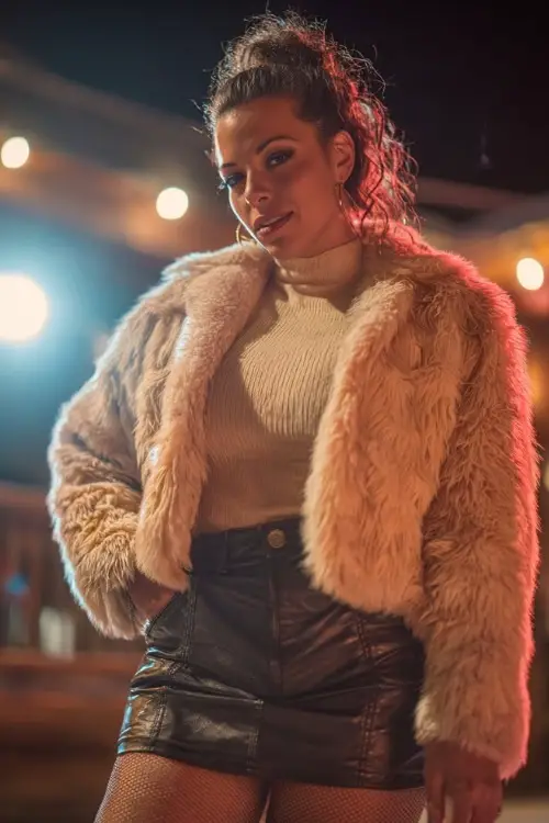 A curvy woman wears a faux fur cropped jacket over a turtleneck top and leather mini skirt, styled with tights and cowboy boots, standing in a night concert setting with neon lights 