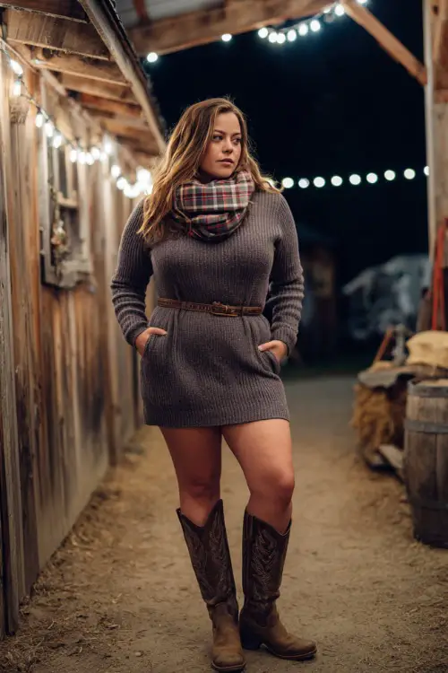 A curvy woman wears a knit sweater dress belted at the waist, paired with tall leather cowboy boots and a plaid scarf, standing near a wooden barn concert setting with string lights 