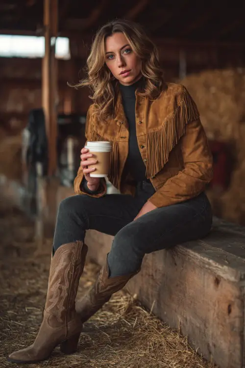 A curvy woman wears a turtleneck sweater under a suede fringe jacket, dark jeans, and pointed-toe cowboy boots, holding a hot drink in a barn concert setting 